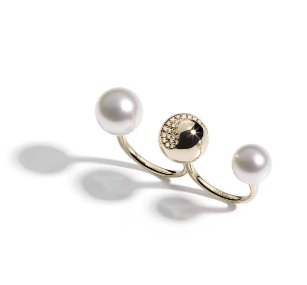two finger Night Fever ring rose gold South Sea pearls diamonds