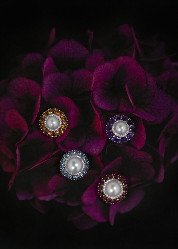 Lara collection brooches with South Sea pearls natural stones and diamonds