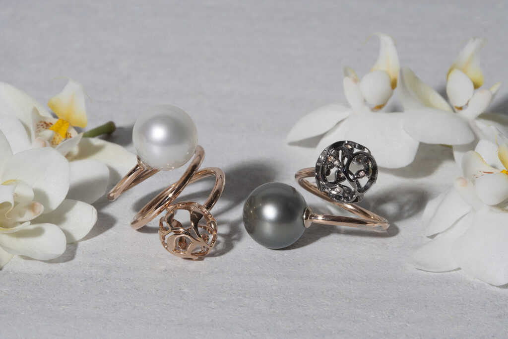 Bolero collection rings with South Sea and Tahiti pearls and diamonds