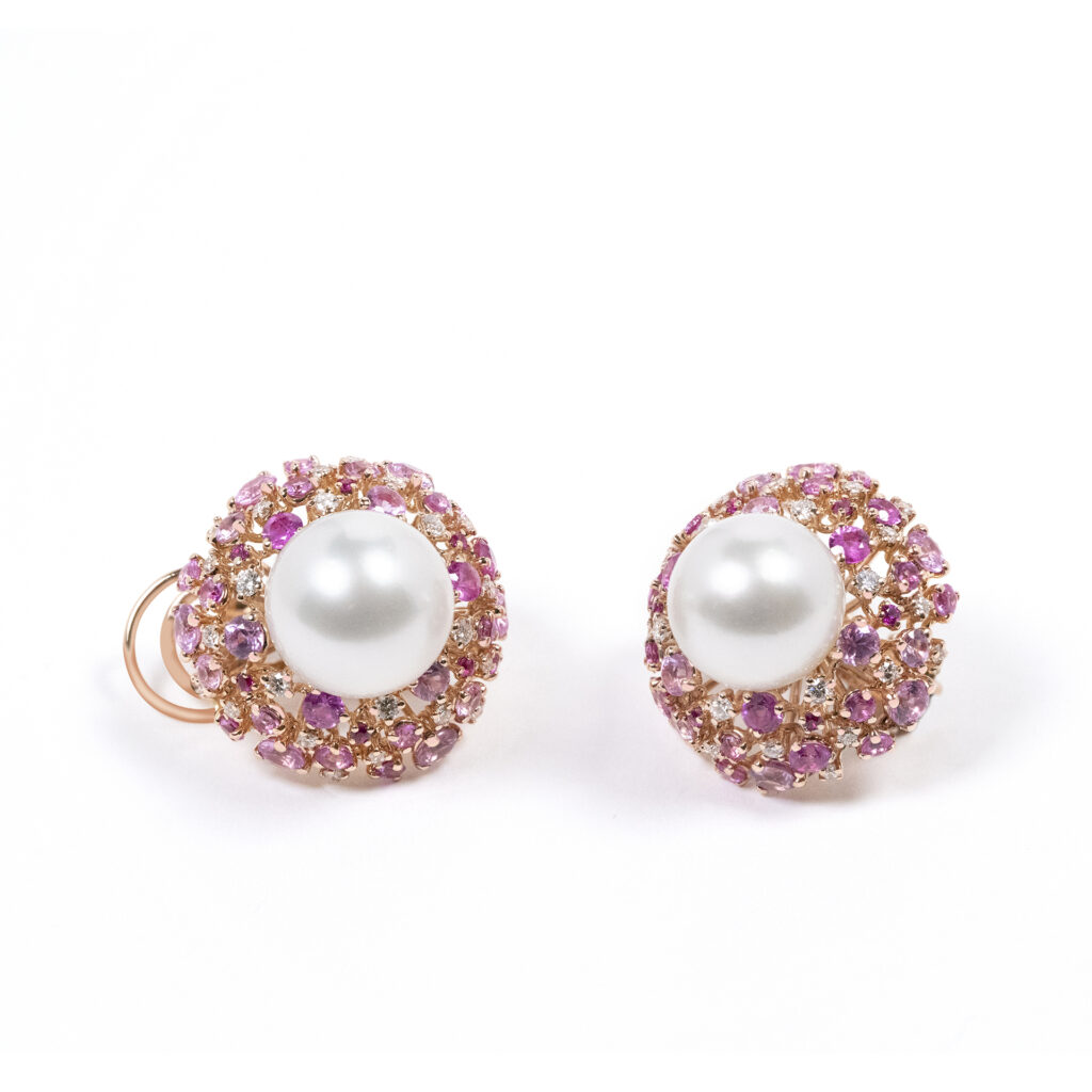 Bouquet collection earrings with South Sea pearls pink sapphires and diamonds