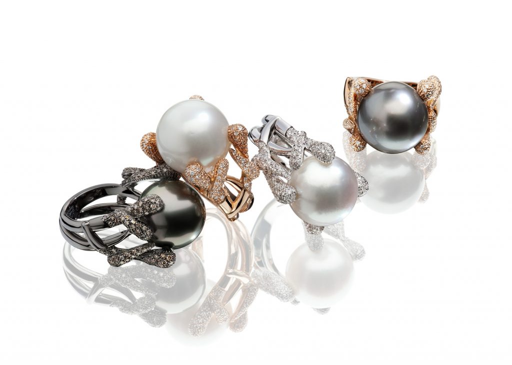 gallery rings with south sea and Tahiti pearls and diamonds