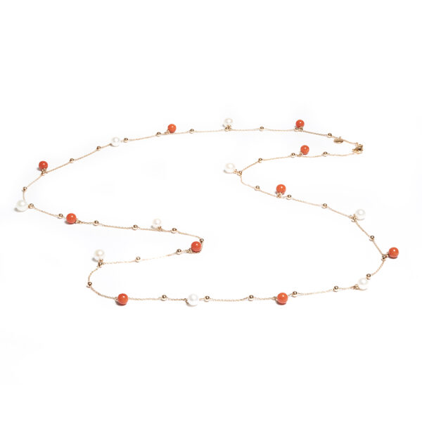 Perlage collection long necklace with corals and freshwater pearls and diamonds