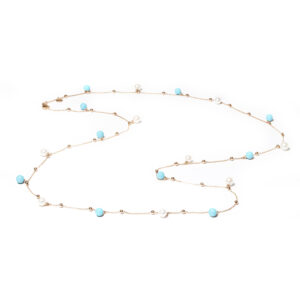 Perlage collection long necklace with turquoises and freshwater pearls and diamonds