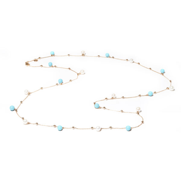 Perlage collection long necklace with turquoises and freshwater pearls and diamonds