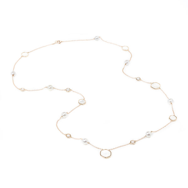 Venus long necklace with freshwater pearls mother of pearl and diamonds