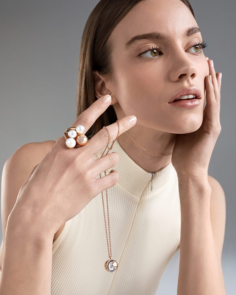 The model wears night Fever collection with South Sea pearls and diamonds